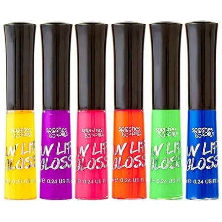 splashes & spills UV Blacklight Lip Gloss - 6 Color Variety Pack, 3.7g - Day or Night Stage, Clubbing or Costume Makeup