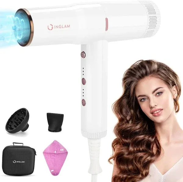 Hair Blow Dryer with Diffuser, IG INGLAM Professional 110,000 RPM High Speed Brushless Motor Negative Ion Low Noise Constant Temperature Auto-Clean, 3 Heat Settings 3 Speeds Powerful Ionic Hair Dryer