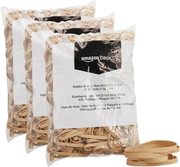 Rubber Bands, Size 64 (3-1/2 X 1/4 Inch), 320 Bands/1 Lb Pack, 3-Pack, Tan