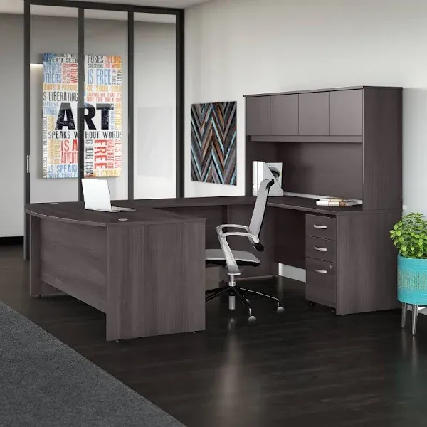 Bush Business Furniture Studio C 72" W x 36" D Bow-Front U-Shaped Office Desk Set Desk Set with Hutch and Mobile Pedestal