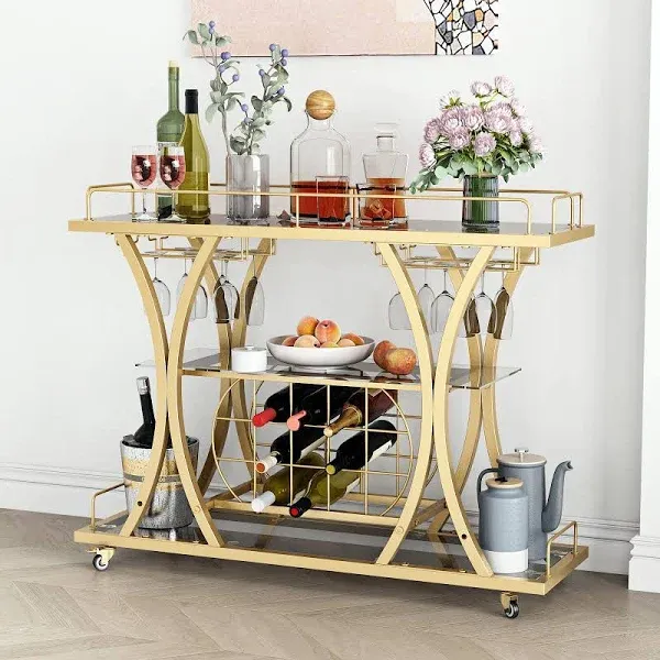 Bar Cart Gold, Gold Bar Cart with Wine Rack and Glass Holders