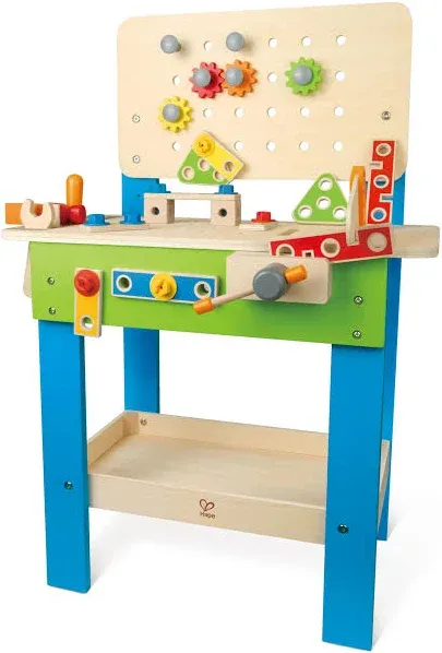 Hape Master Workbench | Award-Winning Kid's Wooden Tool Bench Toy Pretend Play Creative Building Set, Height Adjustable 35 Piece Workshop for Toddlers