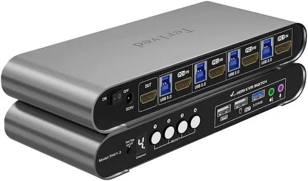 4 Computers 1 HDMI Monitor Automatic KVM Switch 4K@60Hz, Hotkey Switching, EDID, with Audio and Microphone, Aluminum Shell with Digital Display, USB 3.0 Hub, HDR10 with Cables