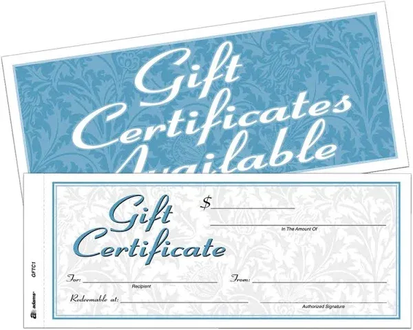 Adams Gift Certificates with Envelopes, 2-Part, Carbonless, White/Canary, 8.5" x 3 2/5" - 25 count