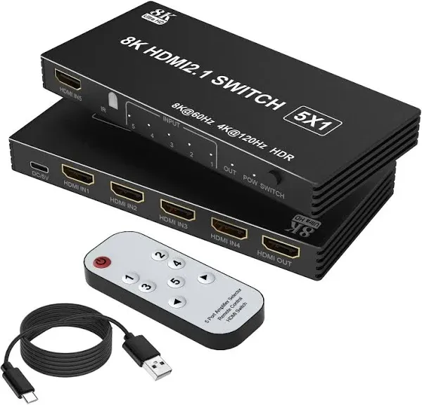 8K HDMI Switch 5 in 1 Out,5 Port HDMI 2.1 Switcher Selector with Remote Contr...