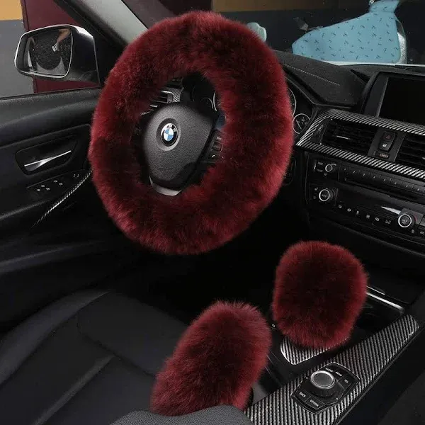 3pcs Set Fashion Fluffy Fuzzy Soft Car Steering Wheel Cover