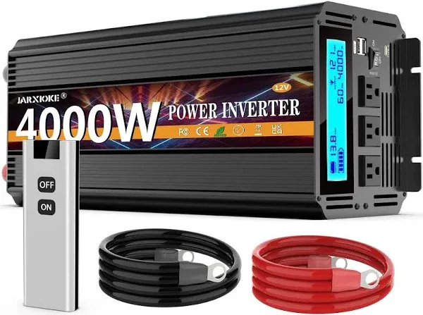 4000 Watt Pure Sine Wave Power Inverter 24V DC to 110V 120V Converter for Family RV Off Grid Solar System Car with Type-C Ports 4 AC Power Outlets Dual USB Ports LCD Display and Remote Control