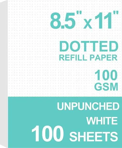 A4 Unpunched Refill Paper, Loose Leaf Filler Paper for Ring Binder/Disc Notebook Planner Inserts, 100gsm Dot Grid White Paper, 100Sheets / 200Pages, 8.5'' x 11''