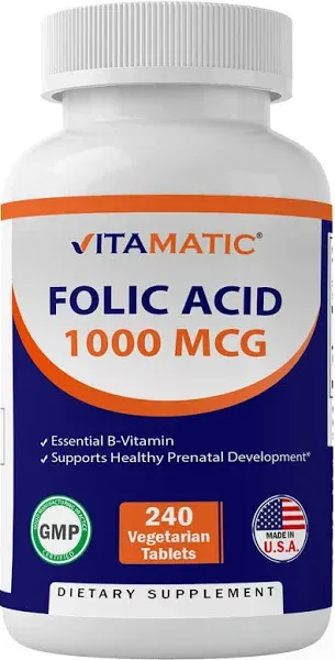 Vitamatic Folic Acid 1000 mcg (1 mg) - 240 Vegetarian Tablets - 1667 mcg DFE ...