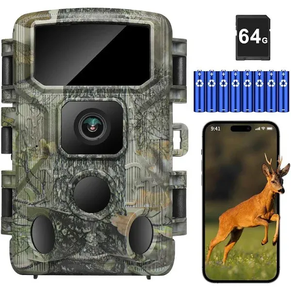 Trail Camera,WiFi Trail Cam 4K 64MP Game Camera 64GB Memory Card 8 Batteries ...