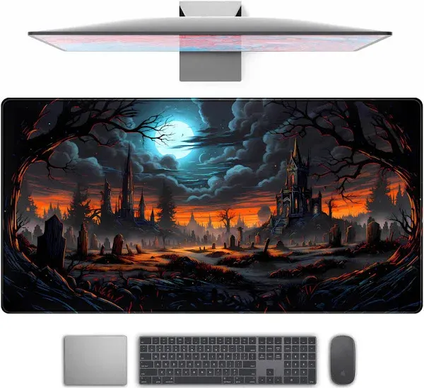 Dark Fantasy Castle Desk Mat Extended Desk Pad Gaming Mouse Pad, XXL Large Computer Laptop Keyboard Mat Wireless Mouse Mat, Office Desk Decor Mousepad Deskmat with Stitched Edges Matt 31.5x15.7 in