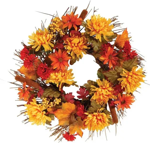 Fall Mum Wreath by OakRidge™, 18” Diameter, Silk Floral Autumn Home Décor for Indoor/Outdoor Use