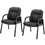 Edx Leather Waiting Room Chairs with Padded Arms Set of 2 - Executive Office Reception Guest Chair No Wheels for Conference Room Lobby Side, Black