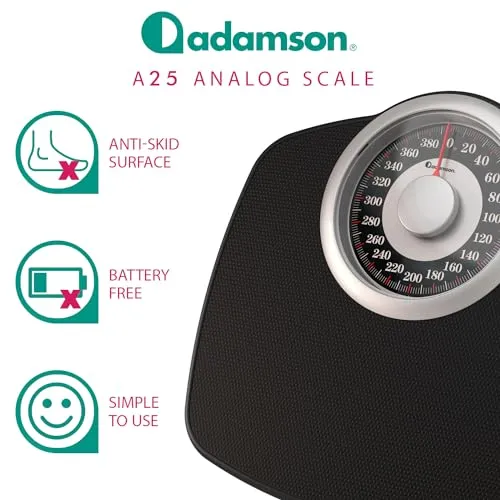 Adamson A25 Scales for Body Weight - Up to 400 lb - New 2024-5.3" Dial On 12.4" x 10.2" Platform - Anti-Skid Rubber Surface - Bathroom Scale Analog