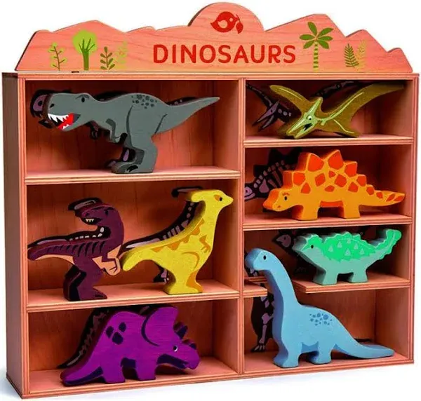 Tender Leaf Toys Wooden Dinosaur Animal Shelf with Tyrannosaurus Rex, Velociraptor, Parasaurolophus, Triceratops, Pterodactyl, Stegosaurus, Ankylosaurus and Brontosaurus Toy