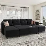 Honbay 6-Piece Velvet Convertible Sleeper Sectional with Storage Ottoman