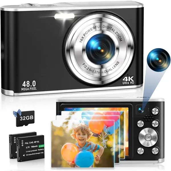 4K Digital Camera 48MP Autofocus Compact Kids Camera with Dual Camera 16X Digita