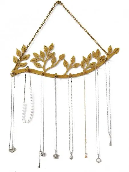 Wall Mounted Jewelry Necklace Holder Organizer with 8 Hooks and 43 Holes, Neatly Hanging Earring, Bracelet, and Keys - Rustic Gold Metal Tree Leaf Branch Wall Décor