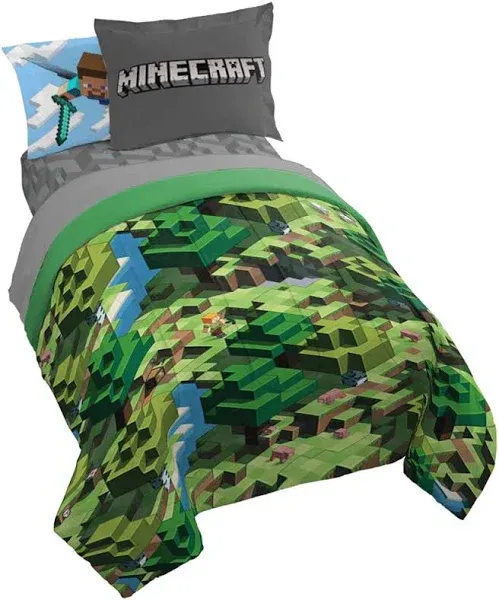 Jay Franco Minecraft Daytime 7 Piece Full Bed Set - Includes Comforter & Sheet Set - Bedding Features Alex and Steve - Super Soft Fade Resistant Microfiber - (Official Minecraft Product)