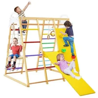 8-in-1 Wooden Indoor Playground for Kids With Slide Swing Rope Climbing Ladders