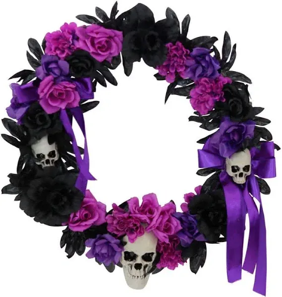 Haunted Hill Farm 1.83-ft. Halloween Wreath with Flowers and Skulls