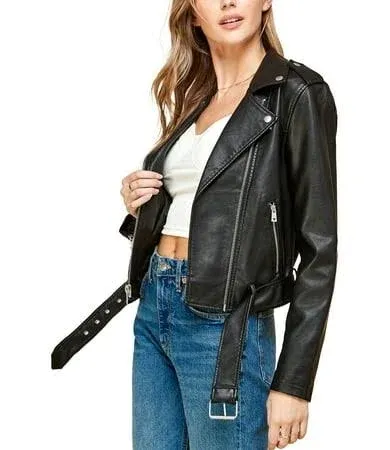 Made by Johnny Women's Asymmetrical Faux Lether Belted Moto Jacket L BLACK