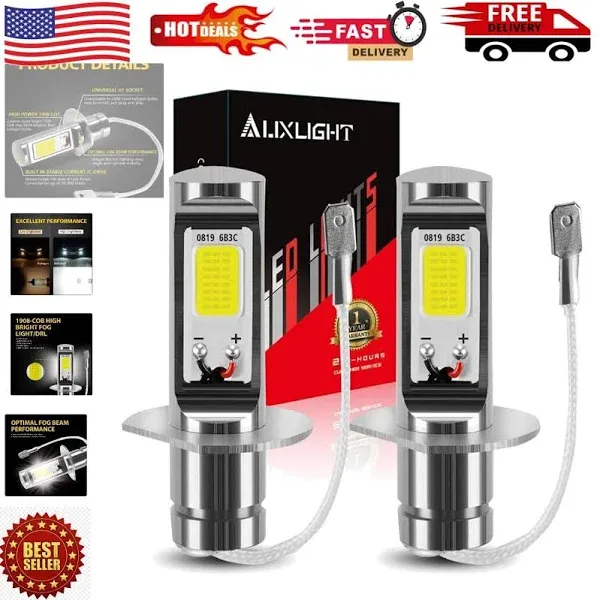 AUXLIGHT H1 LED Fog Light Bulbs 6000K Xenon White, Super Bright High Power COB Chips LED Fog Daytime Running Lights DRL Bulbs Replacement for Cars, Trucks, NOT for Headlights (Pack of 2)