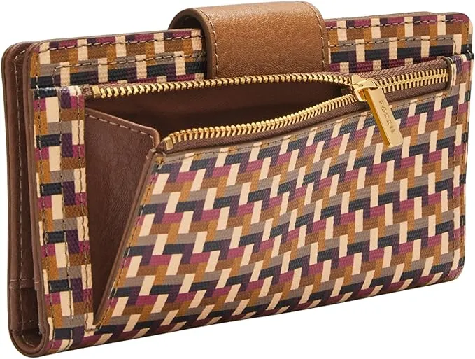 Fossil Women's Logan Faux Leather RFID Blocking Tab Clutch Wallet, Multi Woven Print (Model: SL10057564)