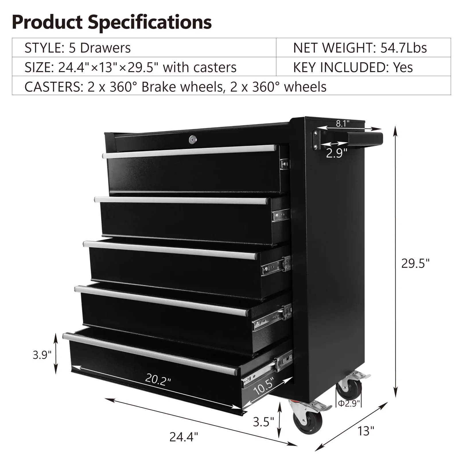 5 Drawer Rolling Tool Chest Cabinet with Wheels