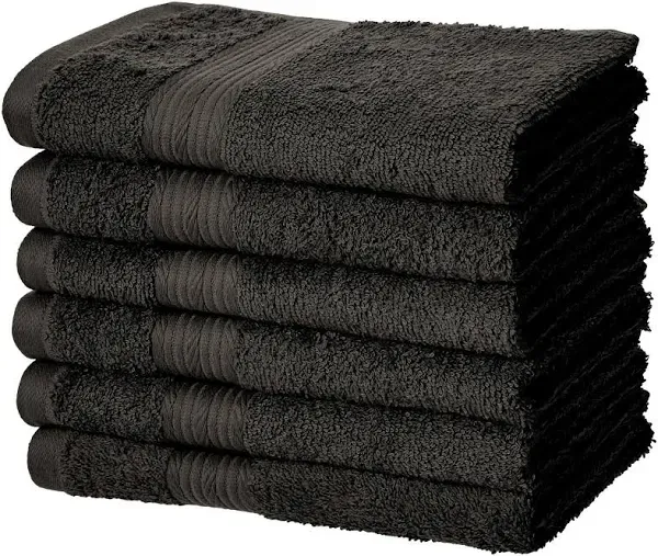 Amazon Basics - 6 Piece Fade Resistant Hand Towel, 100% Cotton, Black, 26'' x 16''