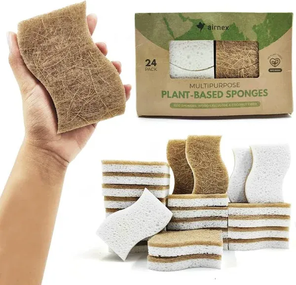 Natural Sponges for Dishes – 12-Pack Coconut Fiber and Wood Cellulose Sponges...