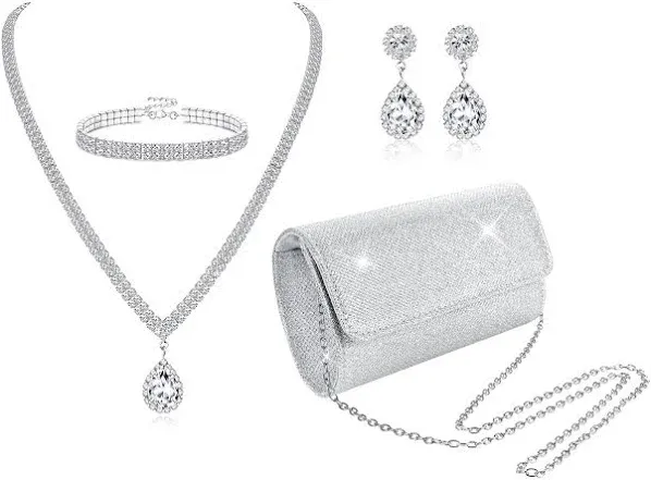 Subiceto 4Pcs Silver Clutch Purse Jewelry Set for Women Evening Rhinestone Purse Crystal Necklace Earrings Bracelets Set Silver Accessories for Women Bride Wedding Jewelry Elegant