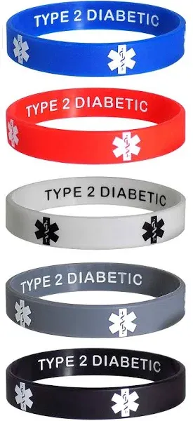 Type 2 Diabetic Discreet Medical Alert ID Silicone Bracelets Wristbands 5 Pack