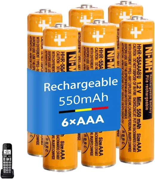 6 Pack HHR-55AAABU NI-MH AAA Rechargeable Battery for Panasonic, 1.2v 550mAh Rechargeable AAA Batteries for Cordless Phone, Remote,Controls, Electronics