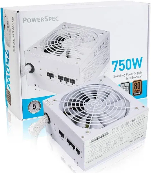 PowerSpec 750W Power Supply Semi Modular 80 Plus Bronze Certified ATX PSU Active PFC SLI Crossfire Ready Gaming PC Computer Power Supplies, PS 750BSM(White Edition)