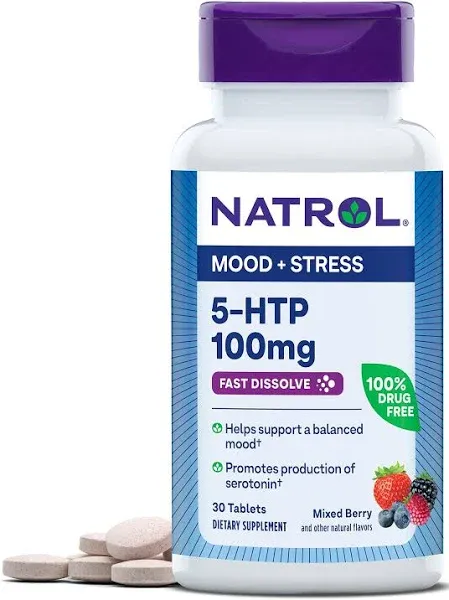 Natrol 5-HTP Extra Strength Fast Dissolve Mixed Berry 100mg 30 Tabs 08/31/25 NEW