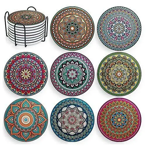 Mandala Drink Coasters with Holder - 8 Set Ceramic Boho Coaster for Drinks Ab...