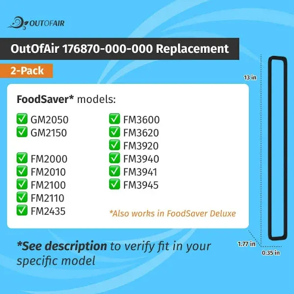 OutOfAir Replacement FoodSaver Vacuum Sealer Gasket Replaces Item 176870-000-000 - 2 Pack