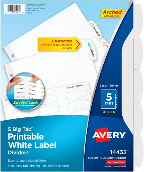 Avery® Big Tab Printable White Label Tab Dividers, 8-Tab, 11 x 8.5, White, 20 Sets (AVE14435) Box of 20