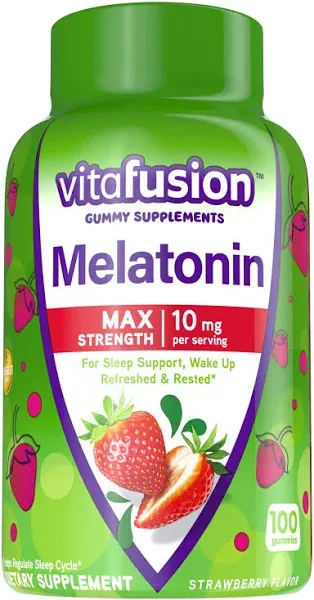 Vitafusion Max Strength Melatonin Gummy Supplements, Strawberry Flavored, 10 mg Melatonin Sleep Supplements, America’s Number 1 Gummy Vitamin Brand, 50 Day Supply, 100 Count