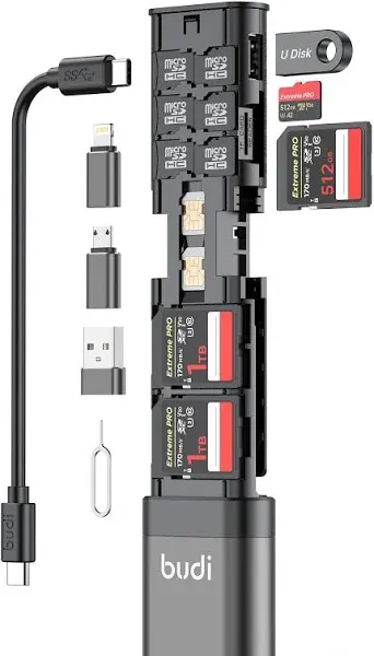 BUDI Multifunctional 9-in-1 SD Card Reader Cable and USB 3.0 Type-C Phone and External Camera and Computer Adapter with OTG Sync Charging and 5Gbps Tr