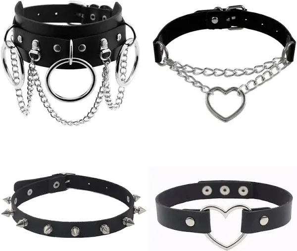 4 Pack Punk Choker Gothic Goth Spike Heart Shape Leather Biker Choker Collar