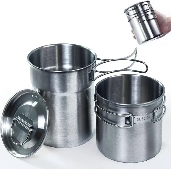 2Pcs Foldable Camping Cups and Mugs Pot 304-Food-Grade Stainless Steel Outdoor-cookware-Set with Vented lid 33oz Big+24oz Small