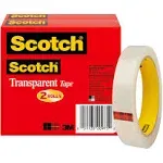 Scotch Transparent Tape, 3" Core, 0.75" x 72 yds, Transparent, 2-Pack