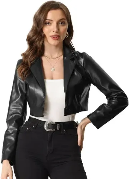 Allegra K Women's Cropped Faux Leather Moto Jacket