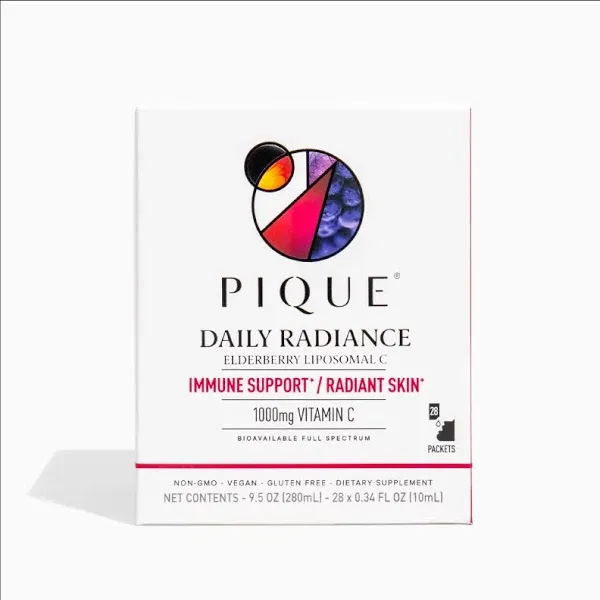 PIQUE Daily Radiance Liposomal Vitamin C for Immune Support - 1,000 mg Vitamin C & 1,900 mg Elderberry per Packet, Powerful Antioxidants for Healthy Collagen Production - 28 Packets (10mL Each)