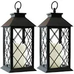 Bright Zeal 2-Pack 13.5" Vintage Candle Lantern with LED Pillar Candle (Black, 6HR Timer) - IP44 Waterproof Battery Powered Candle Lantern - Outdoor