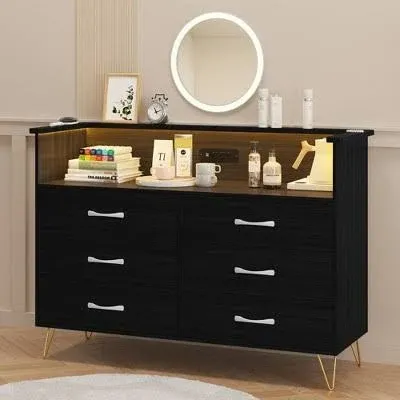 Dresser for Bedroom with LED Light & Charging Station