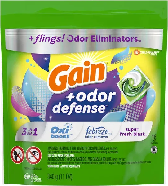 Gain Flings HE Super Fresh Febreze and Oxi Odor Defense Laundry Detergent Pacs