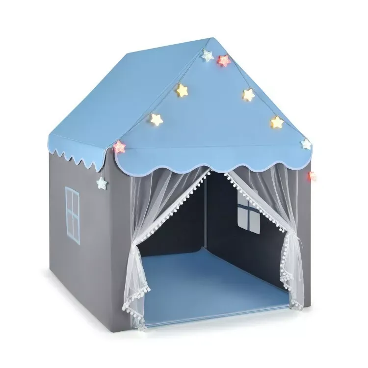 Kids Large Playhouse 2 Mesh Window Nap &amp; Reading Tent W/String Star Lights &amp; Mat